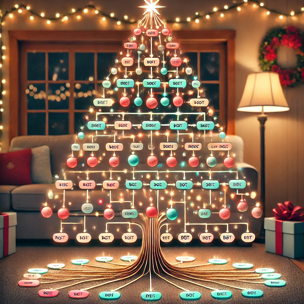 Here is a creative illustration of a Christmas tree designed as a binary search tree (BST). The tree's structure represents nodes with festive decorations like ornaments and lights, arranged according to BST properties.