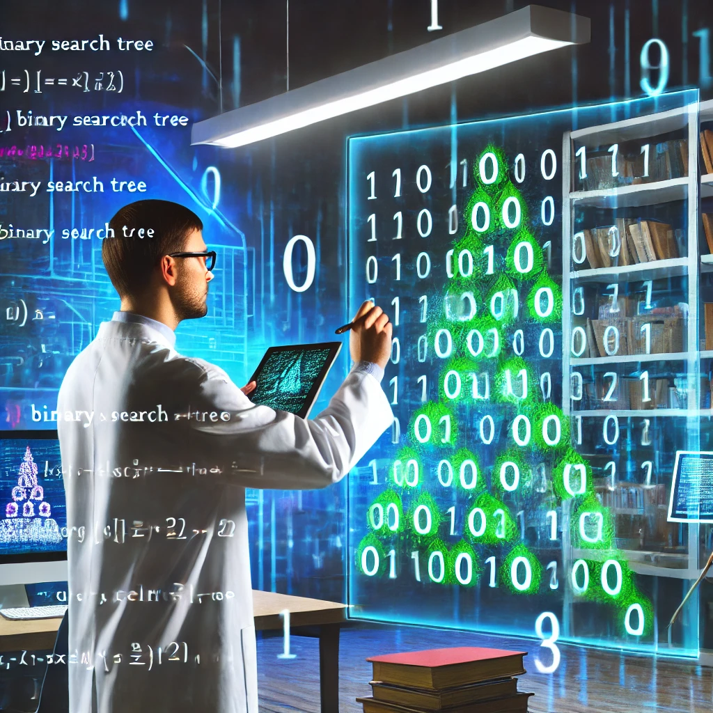 Created by AI Prompt: Here is the illustration of a scientist creating a binary search tree with random numbers in a futuristic lab setting.