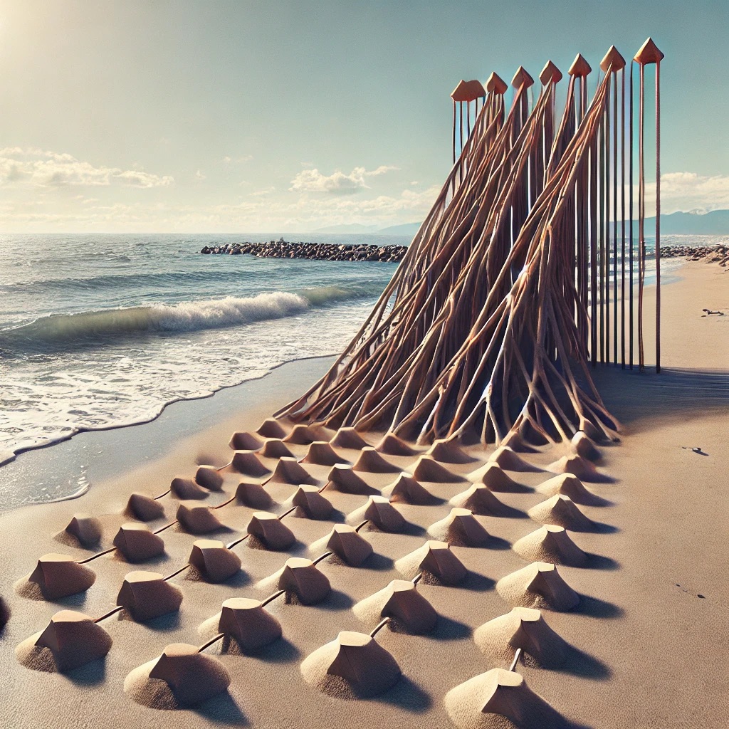 A surreal scene of a data structure visually represented by the beach, specifically a vector. The vector is made of sand or driftwood, extending in a straight line across the beach, symbolizing a one-dimensional array. The nodes or elements of the vector are placed evenly along the shore, with the ocean waves gently lapping at the base of the structure. The sky is clear and bright, with sunlight reflecting off the water. The overall vibe is peaceful, blending the abstract logic of programming with the tranquility of a seaside environment. (created by AI)