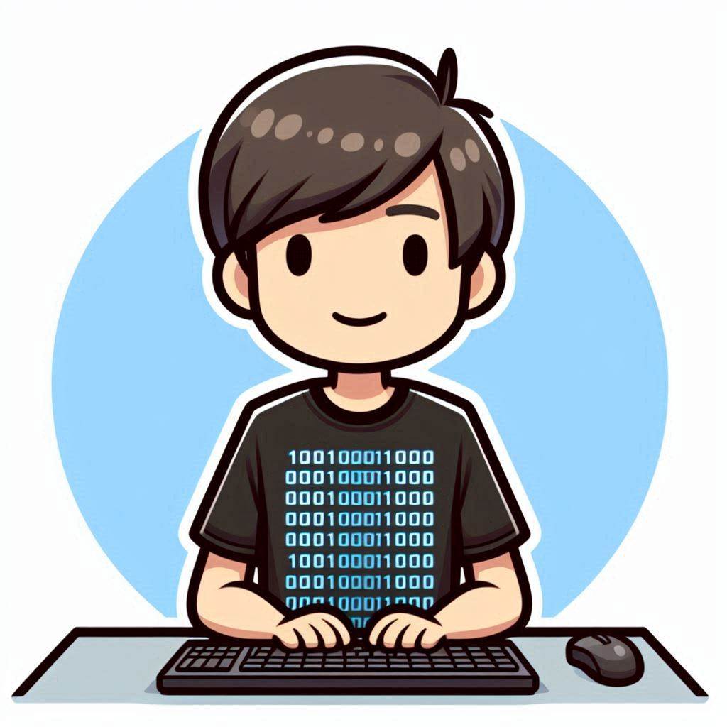 A cartoon style image of a computer science student wearing a T-shirt with a binary code pattern