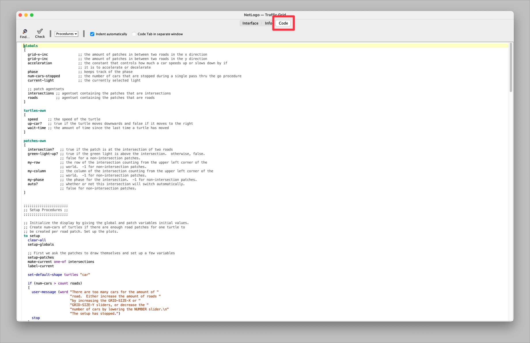 NetLogo Code Interface