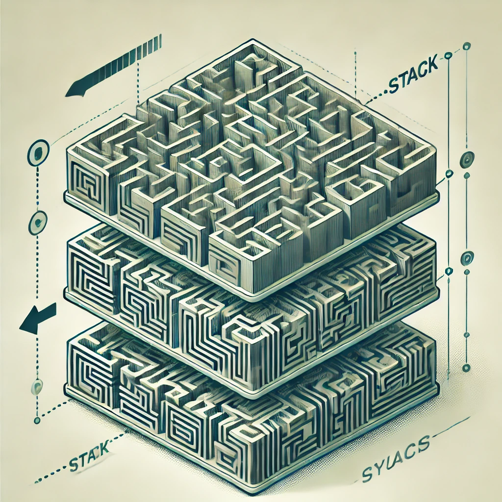 Created by AI Prompt: Here’s an illustration of a maze represented as a stack data structure, with pathways organized into stacked layers to convey the concept of sequential traversal. This design emphasizes the stack’s step-by-step process in navigating the maze.