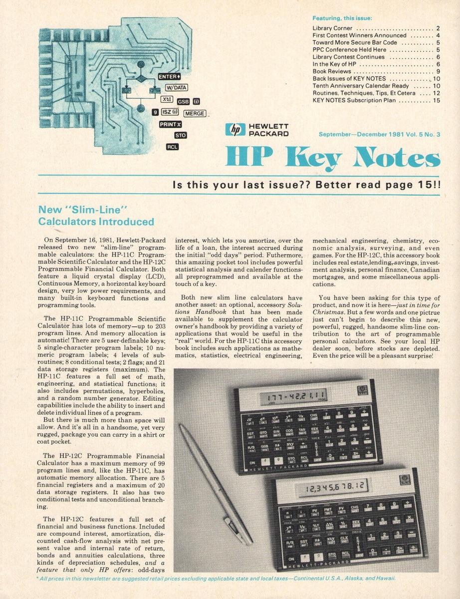 The front page of the Hewlett-Packard newsletter HP Key Notes, volume 5 number 3, September to December 1981. The lead article, New Slim-Line Calculators Introduced, announces that on September 16, 1981 Hewlett-Packard released the HP-11C Programmable Scientific Calculator and the HP-12C Programmable Financial Calculator. A photograph at the bottom shows the two flat calculators lying beside a pen, one display reading 177-42.21.11 and the other 12,345,678.12.