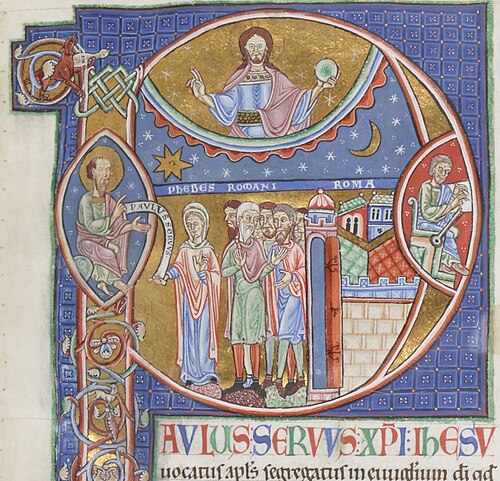Illuminated manuscript initial showing Paul entrusting his letter to Phoebe