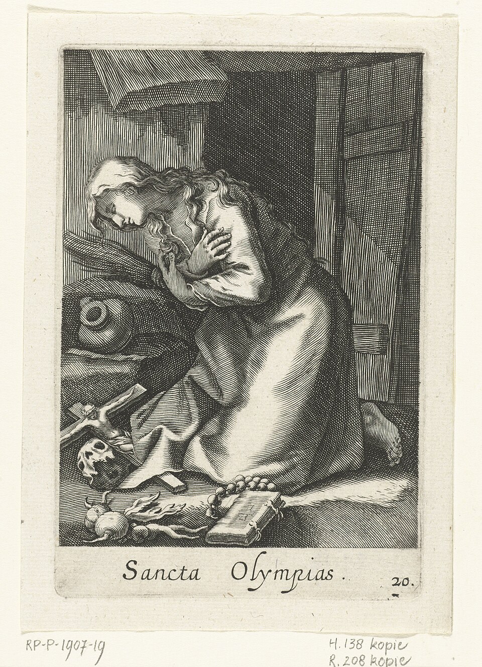 Seventeenth-century engraving of Saint Olympias kneeling in prayer in a cave, head bowed against her hands, with a skull, crucifix, open book, rosary and hourglass on the ground before her.