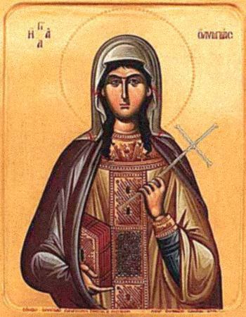 Orthodox icon of Saint Olympias the Deaconess against a gold ground, holding a cross and wearing an embroidered deacon's vestment, inscribed in Greek 'Saint Olympias'.